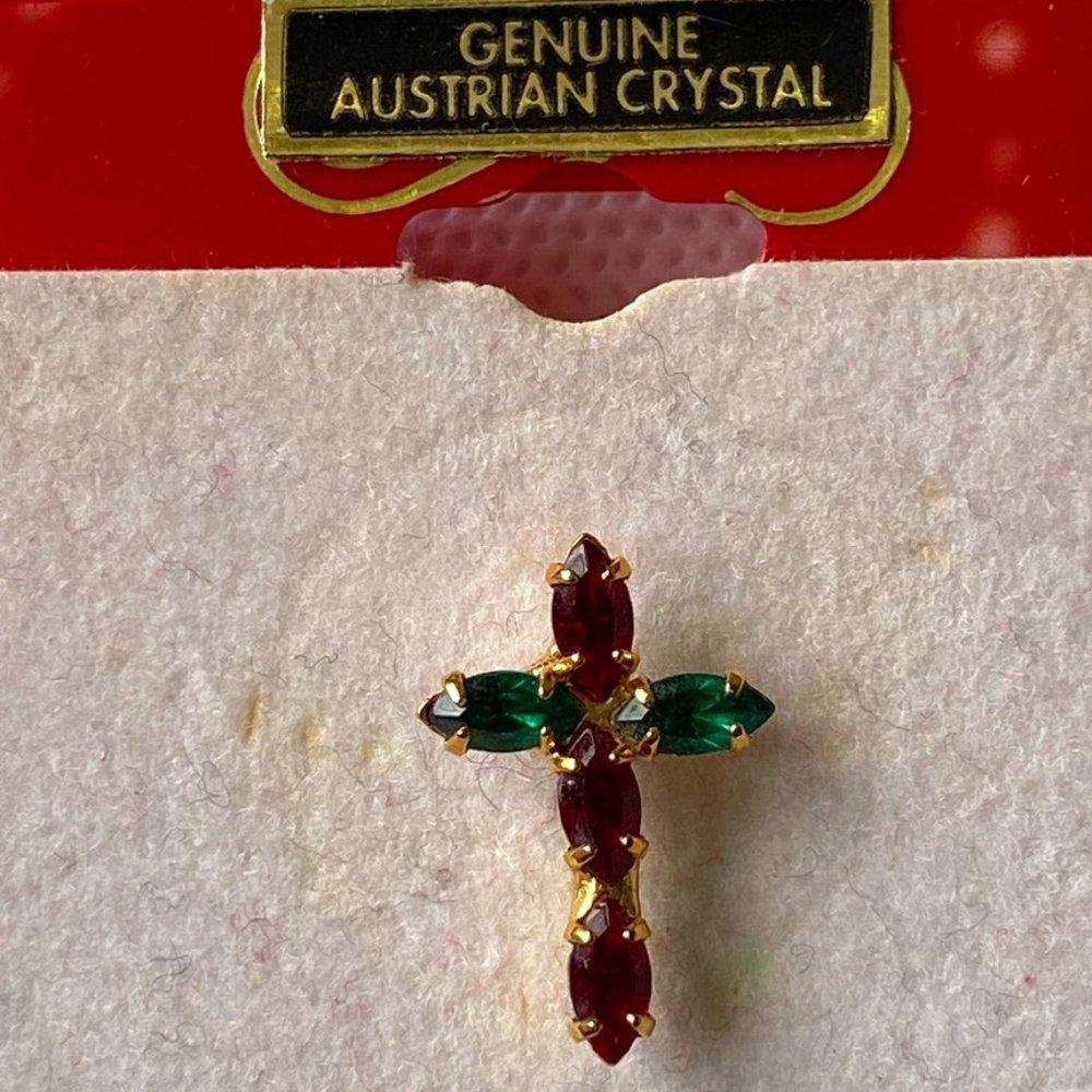 Austrian Crystal Red and Green Cross Lapel Pin